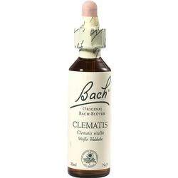 Braune Glasflasche mit Pipette und Etikett "Bach Clematis".