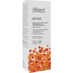 Weiße Verpackung einer Hautcreme mit orangen Mustern und der Aufschrift "Alfason Repair".