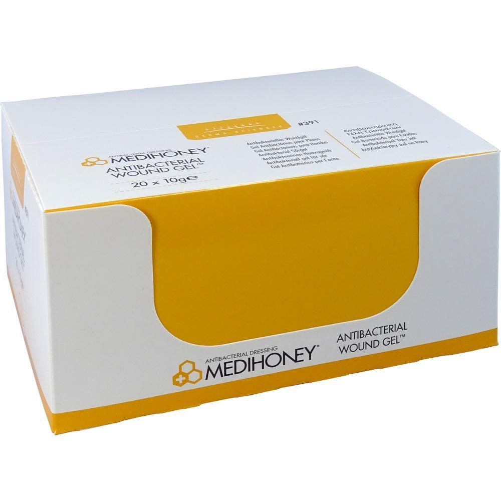 Eine gelbe und weiße Verpackung von Medihoney antibakteriellem Wundgel.