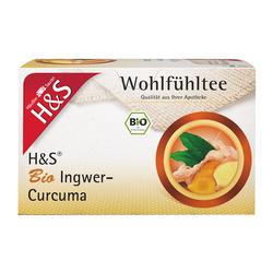 Verpackung von Bio Ingwer-Curcuma-Tee mit Bild von Ingwer und Curcuma.
