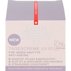 Eine rosa Verpackung mit der Aufschrift "Tagescreme UV 50, Louis Widmer".