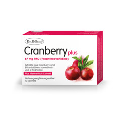Verpackung von Dr. Böhm Cranberry plus mit Fruchtbild, ein Nahrungsergänzungsmittel.