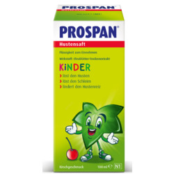 Eine Packung Kinderhustensaft mit einem lachenden Blatt auf der Vorderseite.